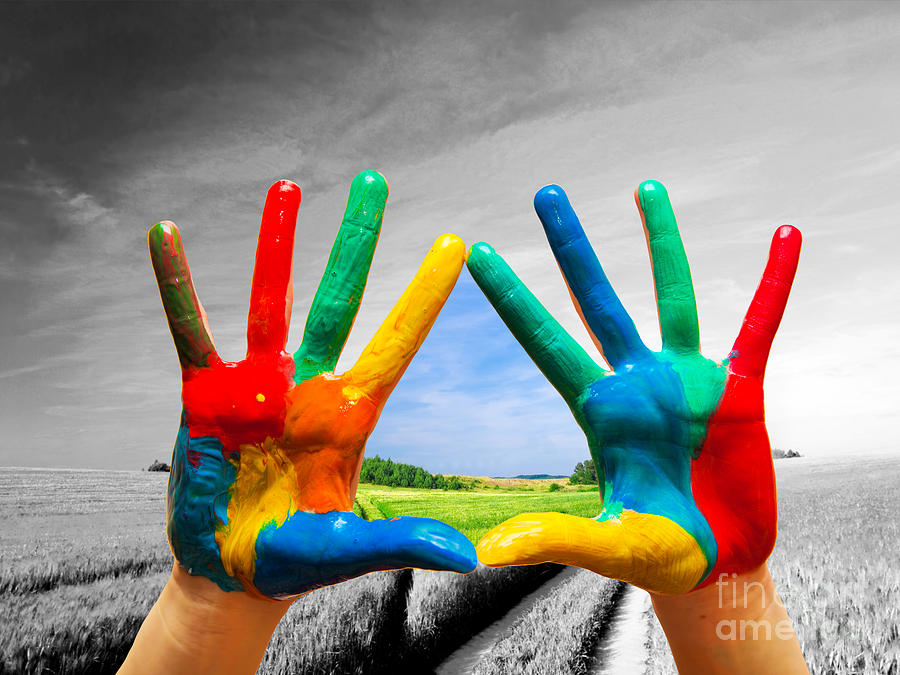 Abstract Photograph - Painted colorful hands showing way to colorful happy life #1 by Michal Bednarek