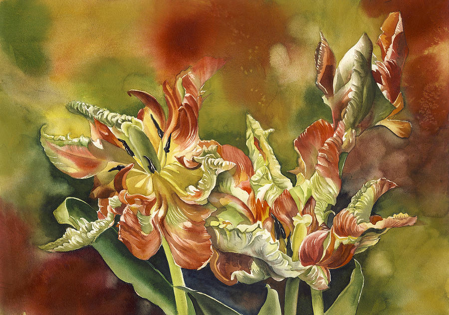 Parrot  Tulips #1 Painting by Alfred Ng