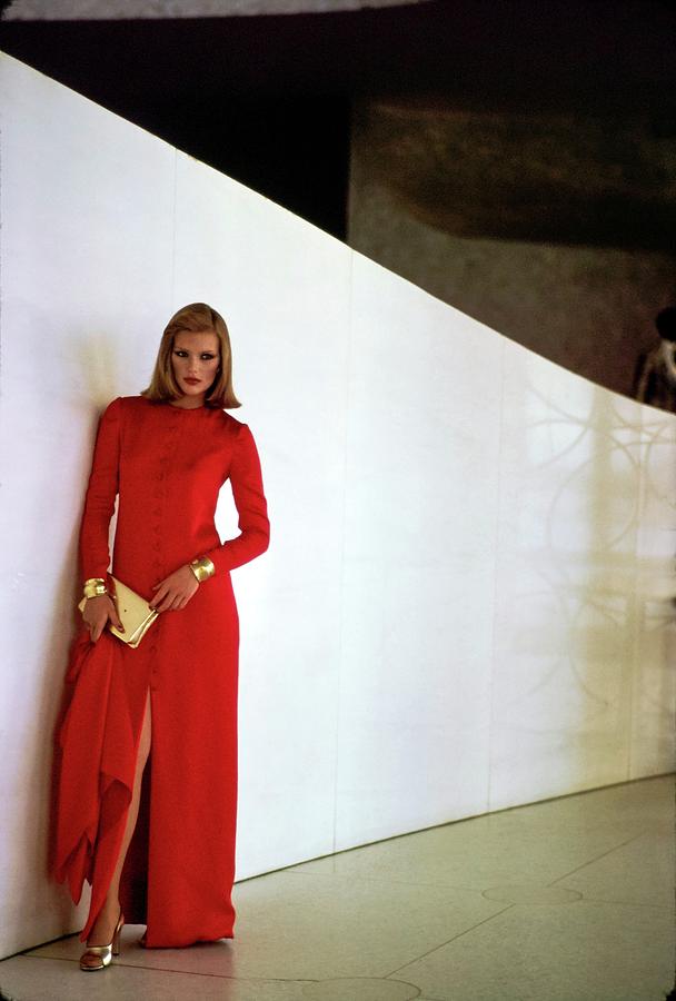Patti Hansen Wearing A Red Dress #1 Photograph by Arthur Elgort
