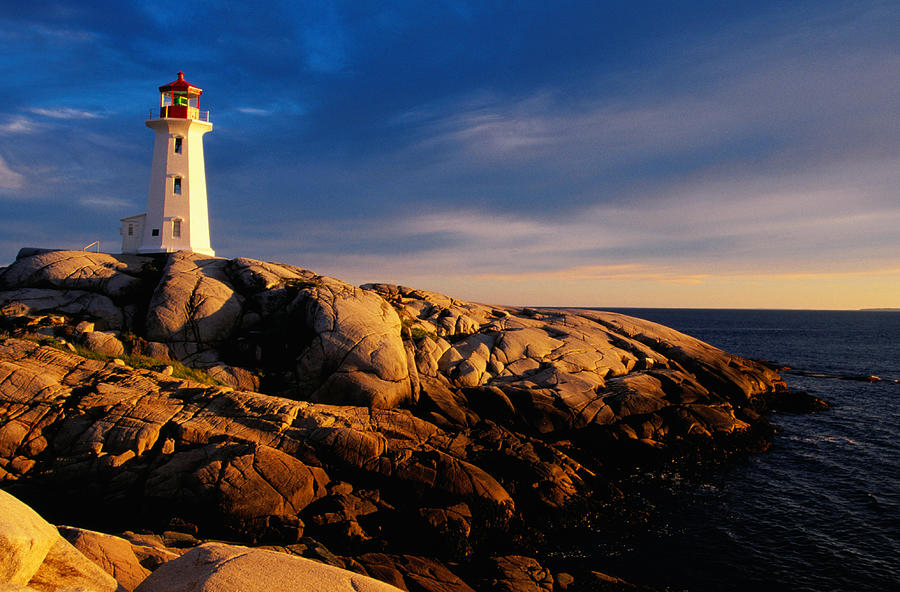 Peggys Cove Lighthouse At Sunset Photograph by Greg Johnston