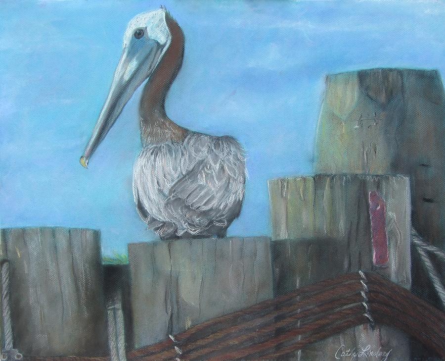 Pelican at Hatteras Ferry Pastel by Cathy Lindsey
