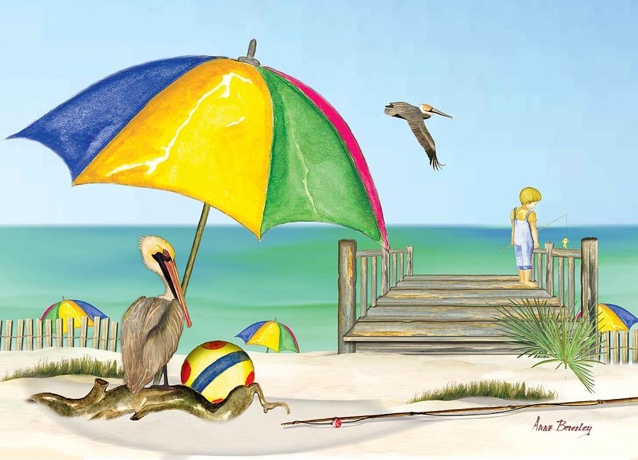 Pelican under Umbrella #1 Painting by Anne Beverley-Stamps