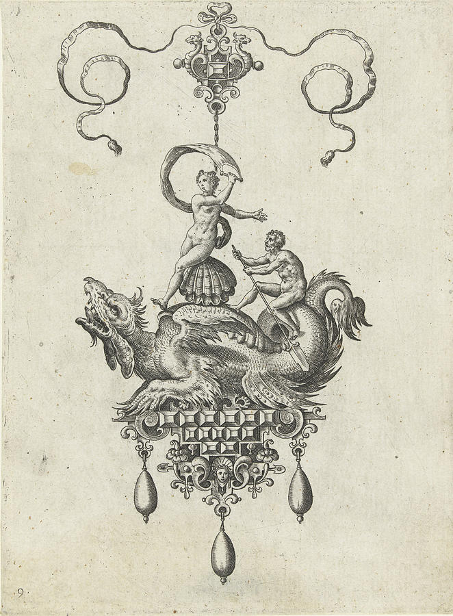 Dragon Drawing - Pendant With Dragon With A Double Shell On His Back #1 by Adriaen Collaert And Hans Collaert I And Philips Galle
