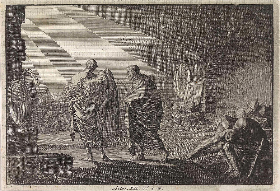 Peter Liberated By The Angel From Prison Drawing by Jan Luyken And ...