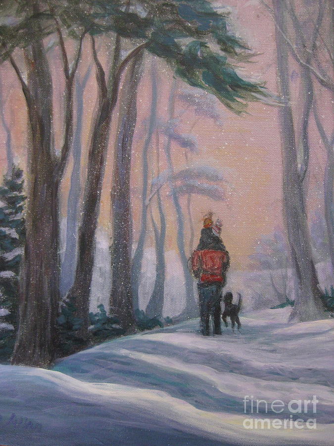 Piggyback Ride In Snow #1 Painting by Gretchen Talmage Allen