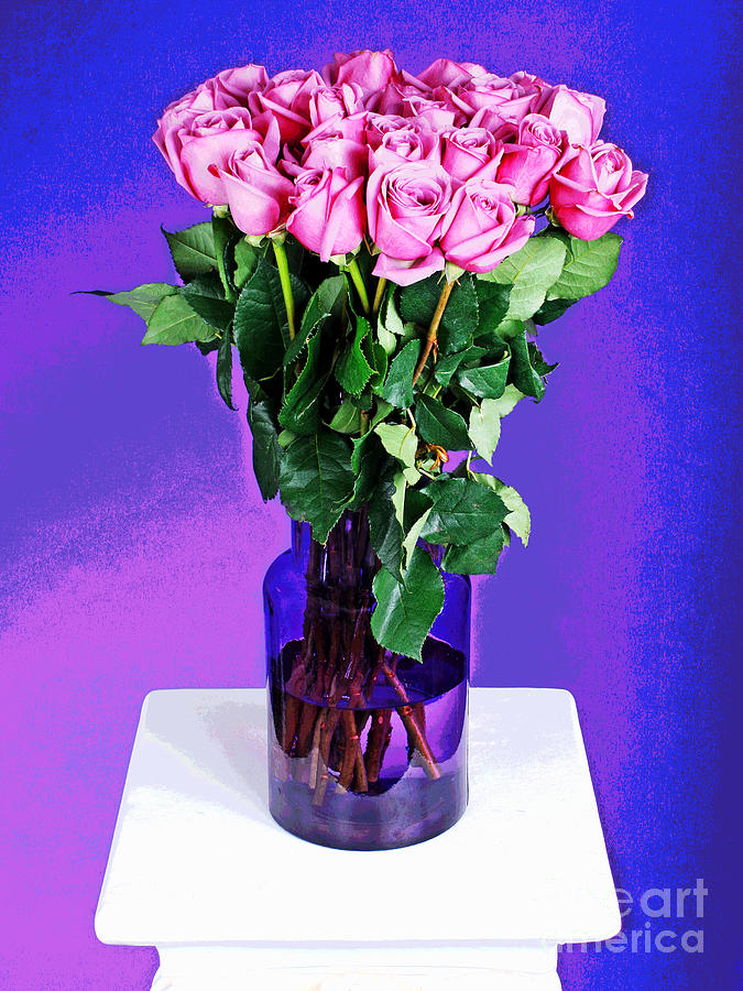 Pink Rose Bouquet In Purple Vase #1 Photograph by Larry Oskin
