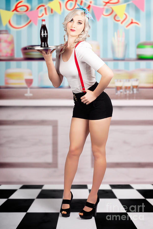 Vintage Photograph - Pinup woman serving drinks at vintage candy bar #1 by Jorgo Photography