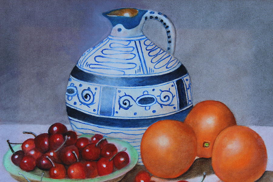 Pitcher Painting - Pitcher with oranges and cherries #1 by Christine McMillan