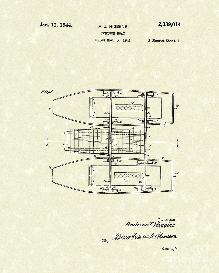 Pontoon Boat 1944 Patent Art #1 Drawing by Prior Art Design