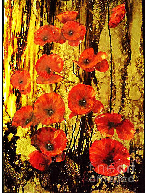 Flower Painting - Poppies In Gold #1 by Nelu Gradeanu