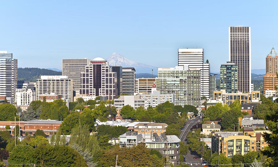 Portland Oregon Skyline With Mt. Hood. Photograph By Gino Rigucci