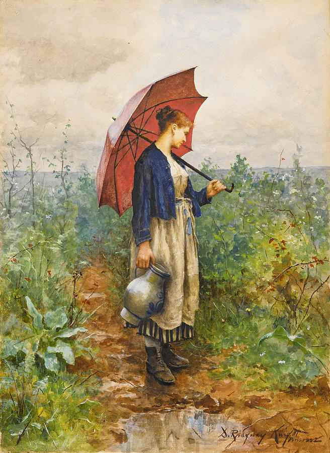 Portrait of a Woman with Umbrella Gathering Water #1 Painting by Daniel Ridgway Knight