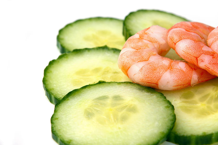 Cheese Photograph - Prawns and cucumbers on white #1 by Fizzy Image