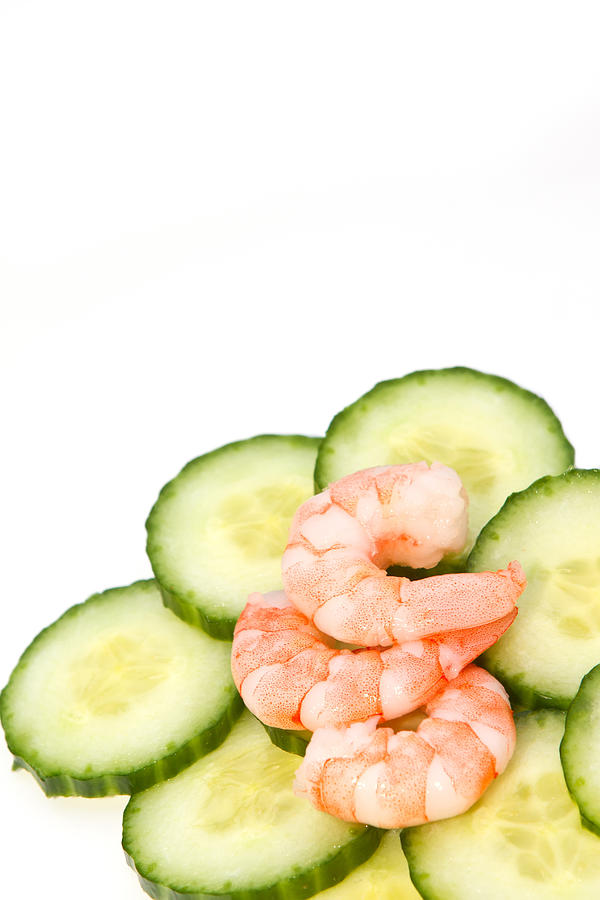 Cheese Photograph - Prawns on a bed of cucumbers #1 by Fizzy Image