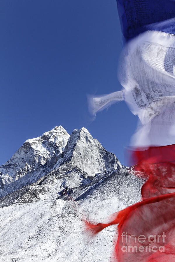 Flag Photograph - Prayer flags and mountains in the Everest Region of Nepal #1 by Robert Preston