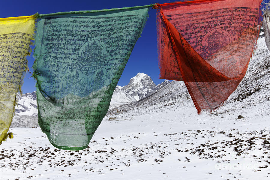 Mountain Photograph - Prayer flags and snowy mountains in the Everest Region of Nepal #1 by Robert Preston