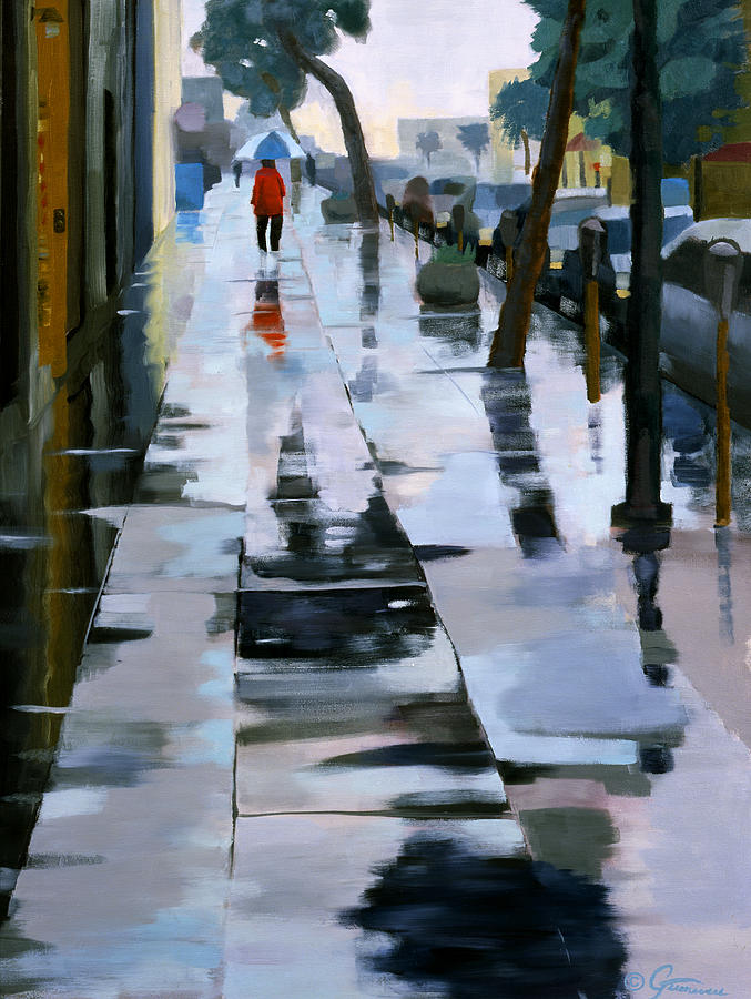 Rainy Sidewalk Painting by Guenevere Schwien