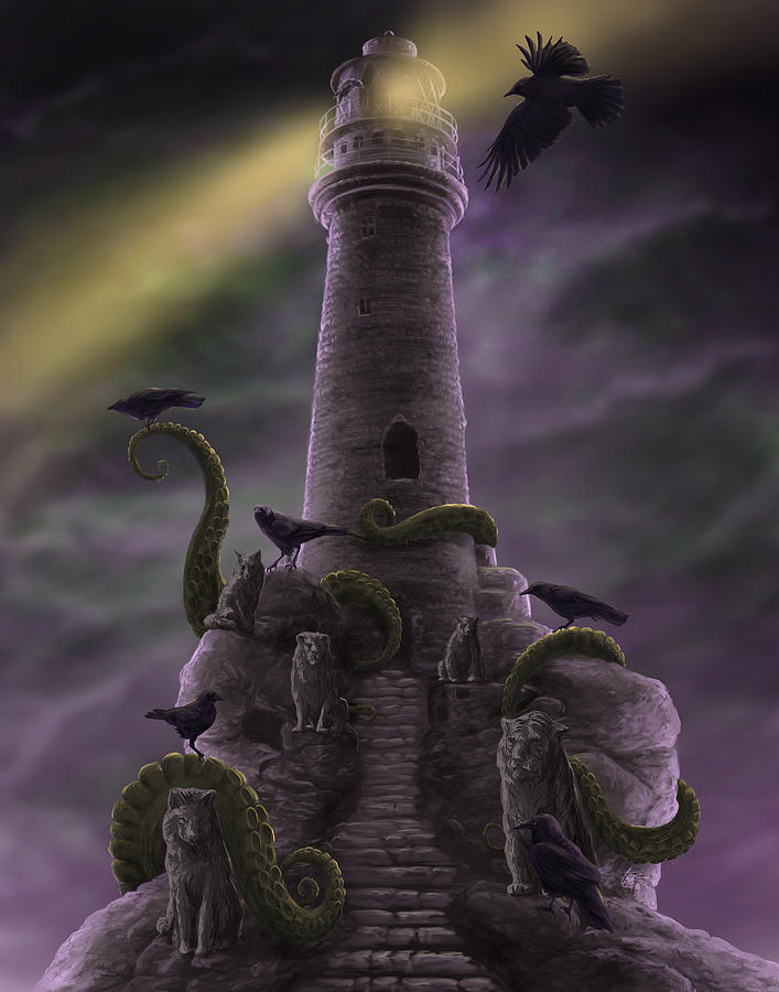 Ravens At The Lighthouse #2 Painting by MGL Meiklejohn Graphics Licensing