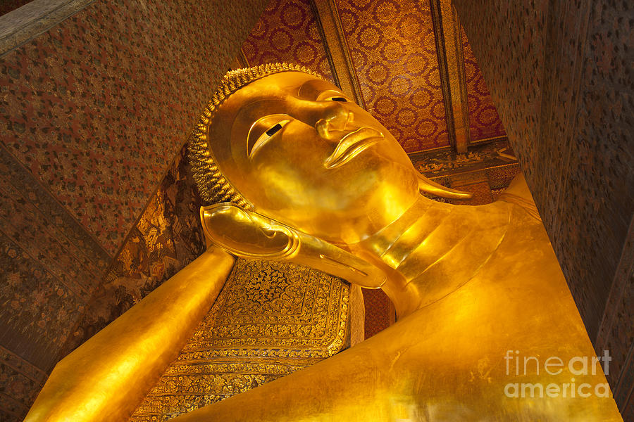 Buddha Photograph - Reclining Buddha gold statue face #1 by Anek Suwannaphoom
