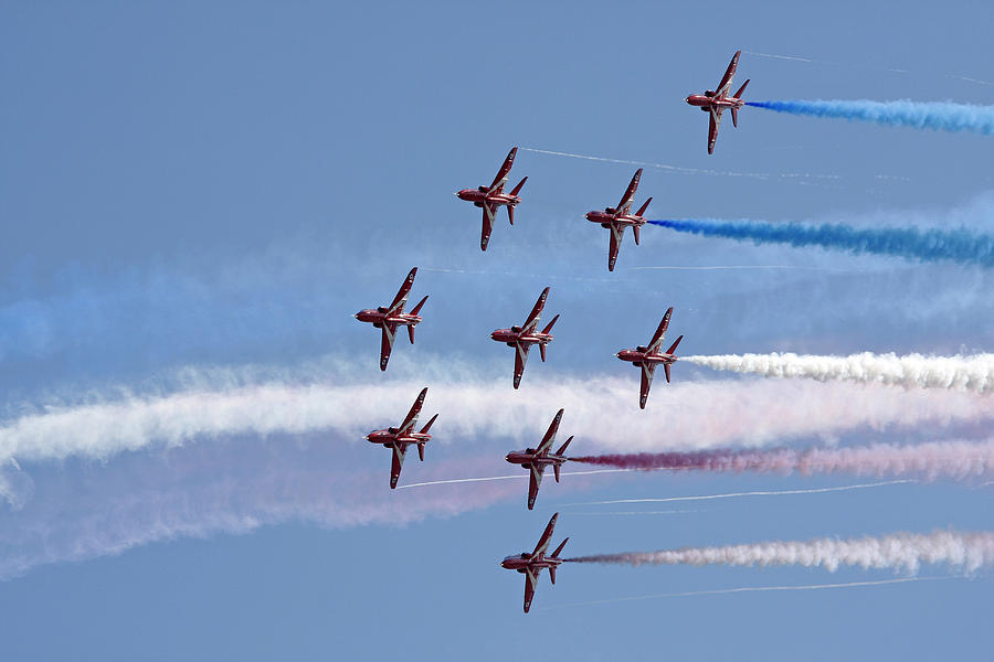 Airplane Photograph - Red Arrows flying in formation #1 by Steve Ball
