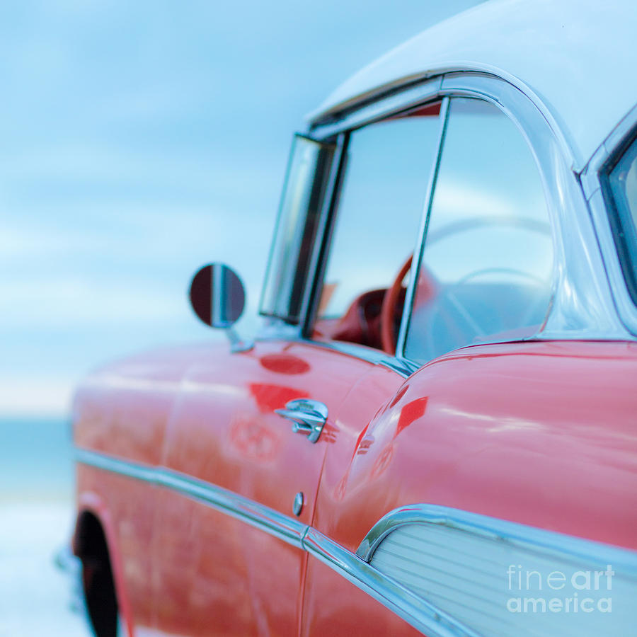 Sunset Photograph - Red Chevy 57 Bel Air at the beach Square by Edward Fielding