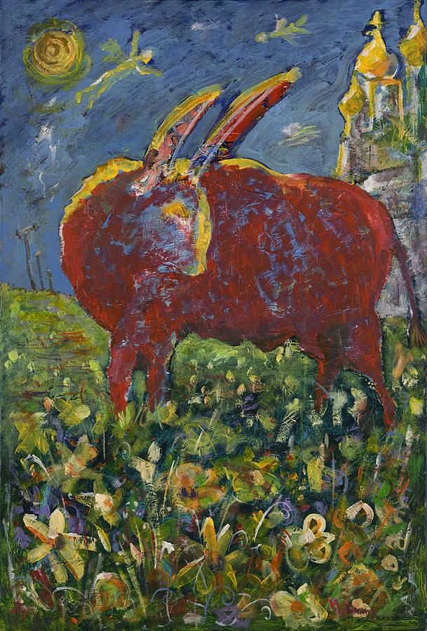 Red bull in the flower field #1 Painting by Maxim Komissarchik
