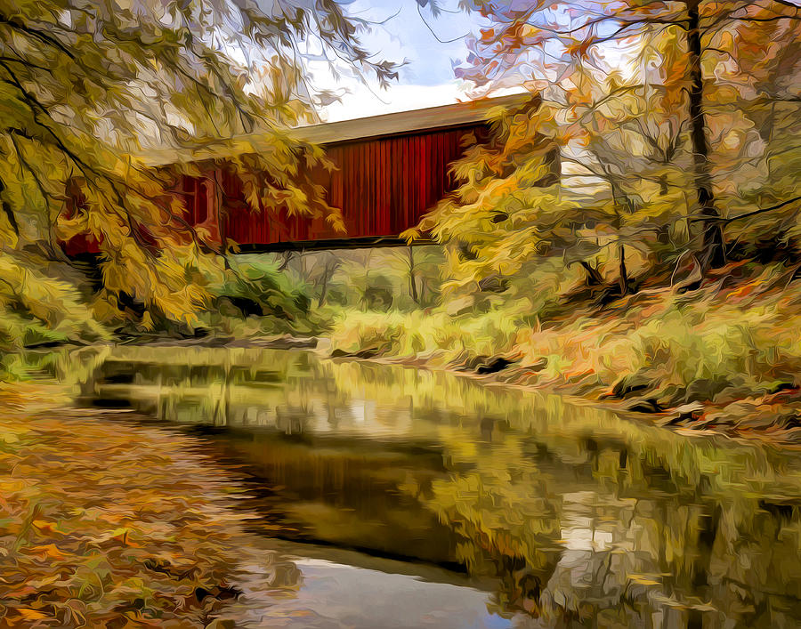 Architecture Digital Art - Red Covered Bridge #1 by Jeff Burton