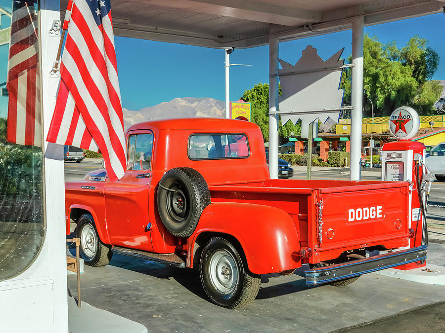 Flag Photograph - Red Dodge Pickup Truck Parked In Front #1 by Panoramic Images