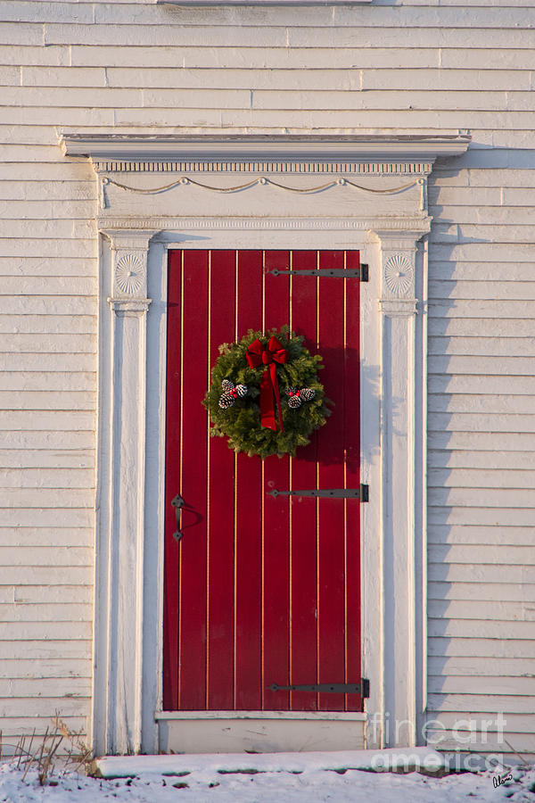 Red Door with Christmas Wreath Photograph by Alana Ranney