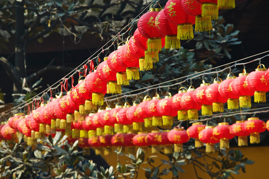 Color Image Photograph - Red Lanterns At A Temple, Jade Buddha #1 by Panoramic Images