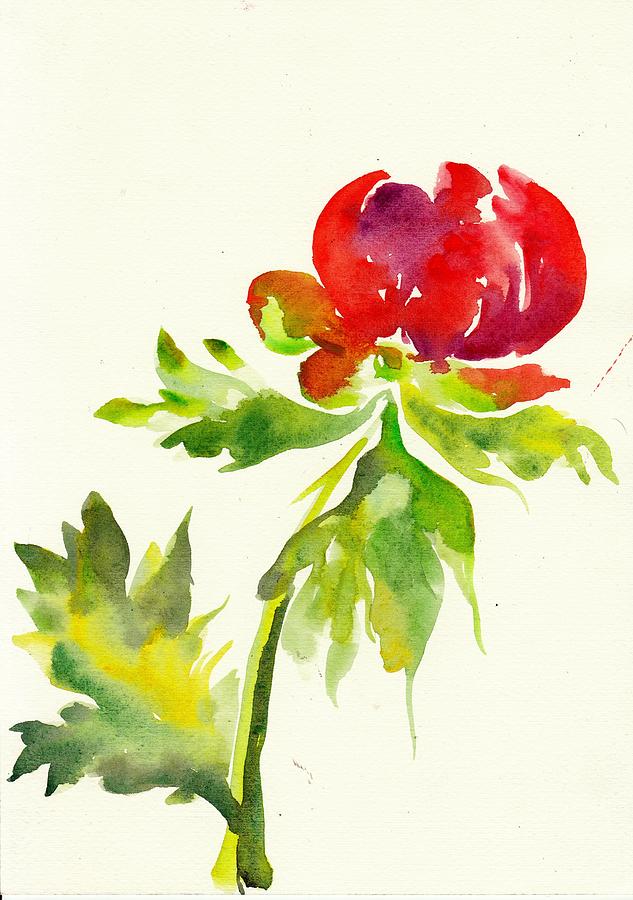 Red Peony with Leaf Watercolor Painting by Tiberiu Soos | Fine Art America