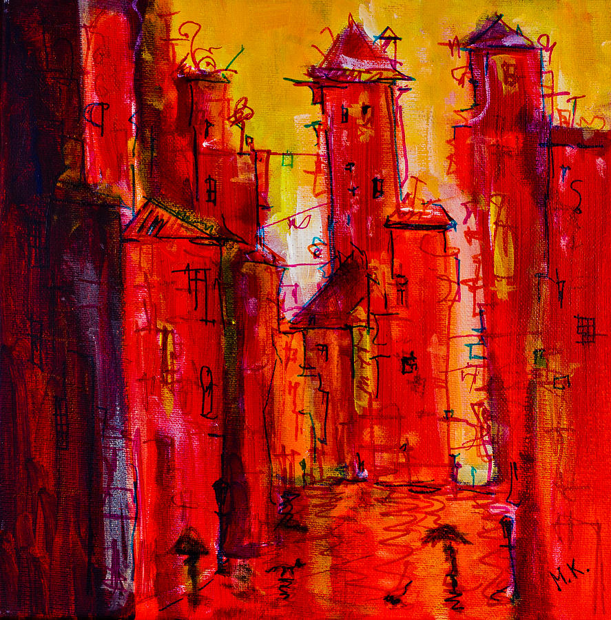 Red Rainy City 2 Painting by Maxim Komissarchik