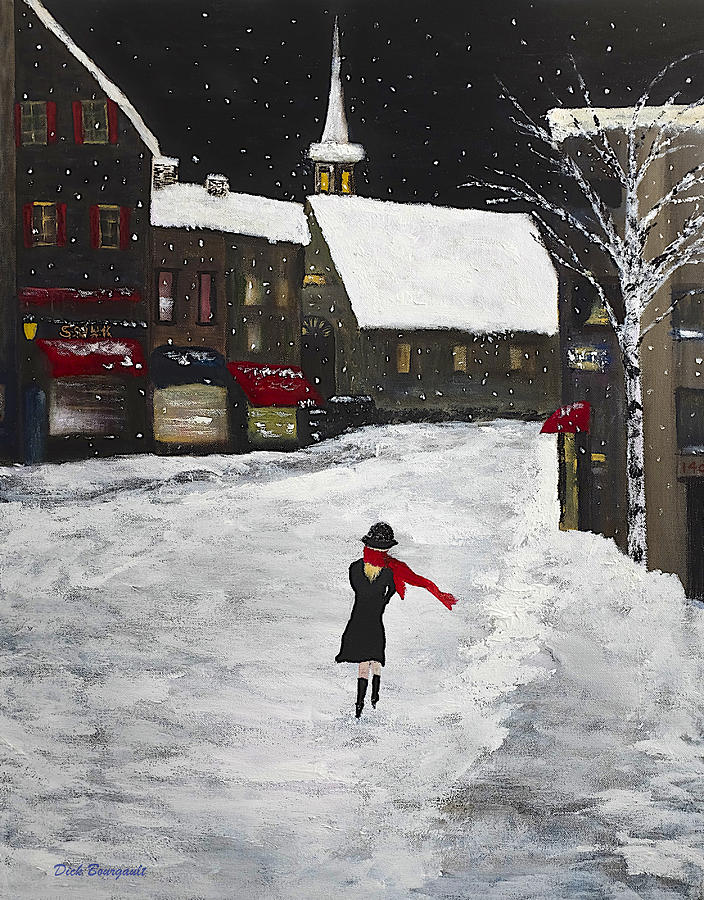 Red Scarf Winter Scene Painting by Dick Bourgault