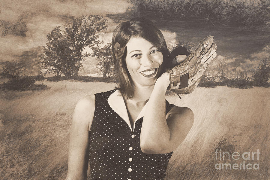 Retro pinup poster girl holding baseball in glove #1 Photograph by Jorgo Photography