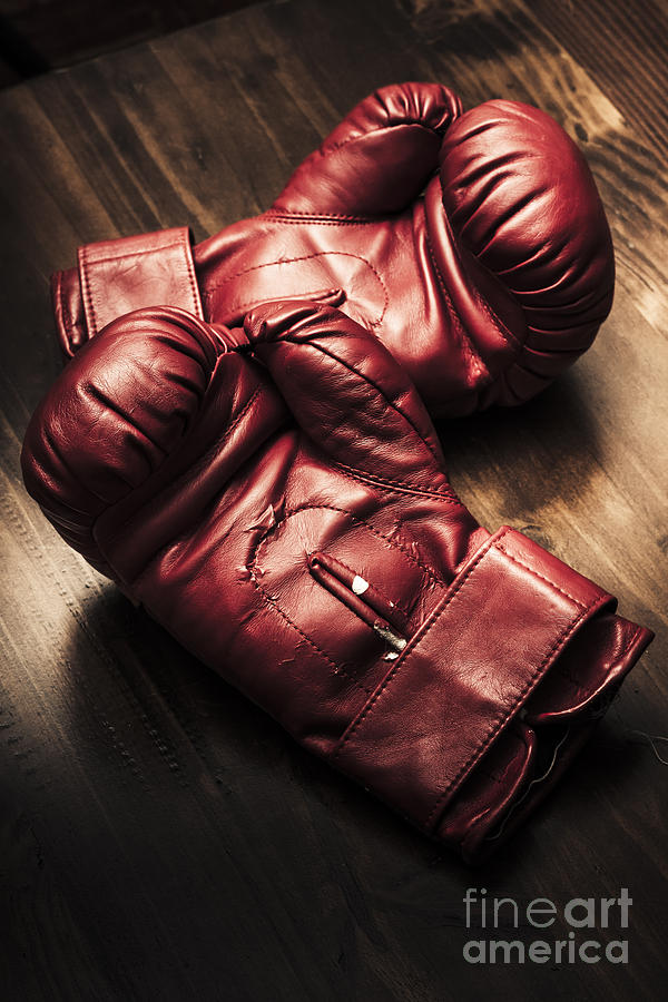 Sports Photograph - Retro red boxing gloves on wooden training bench #1 by Jorgo Photography