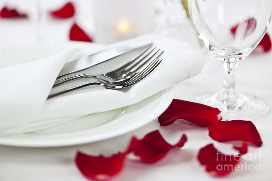 Rose Photograph - Romantic dinner setting with rose petals 1 by Elena Elisseeva