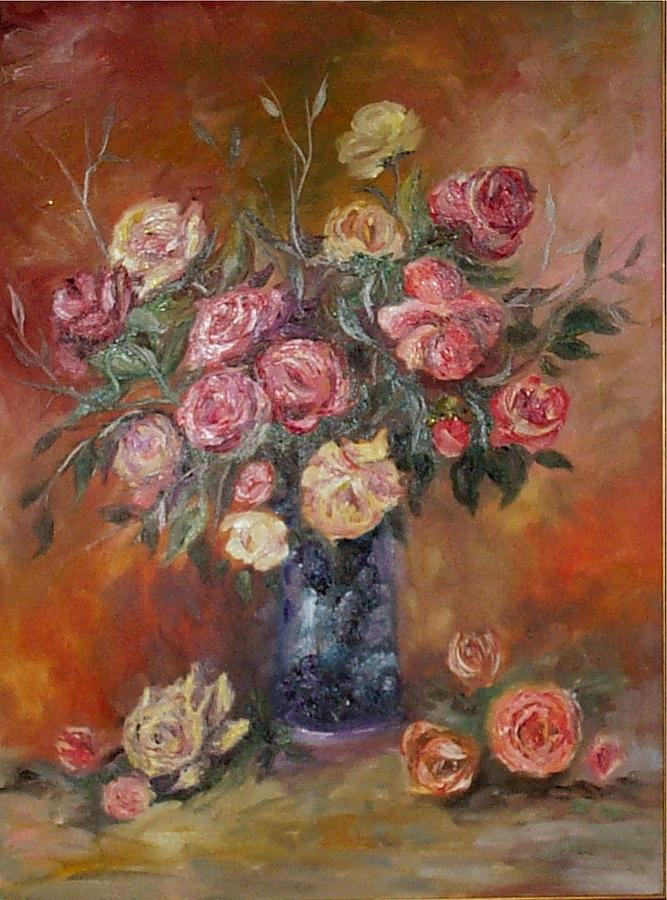 Rose Painting - Roses in blue vase #1 by Irene Pomirchy