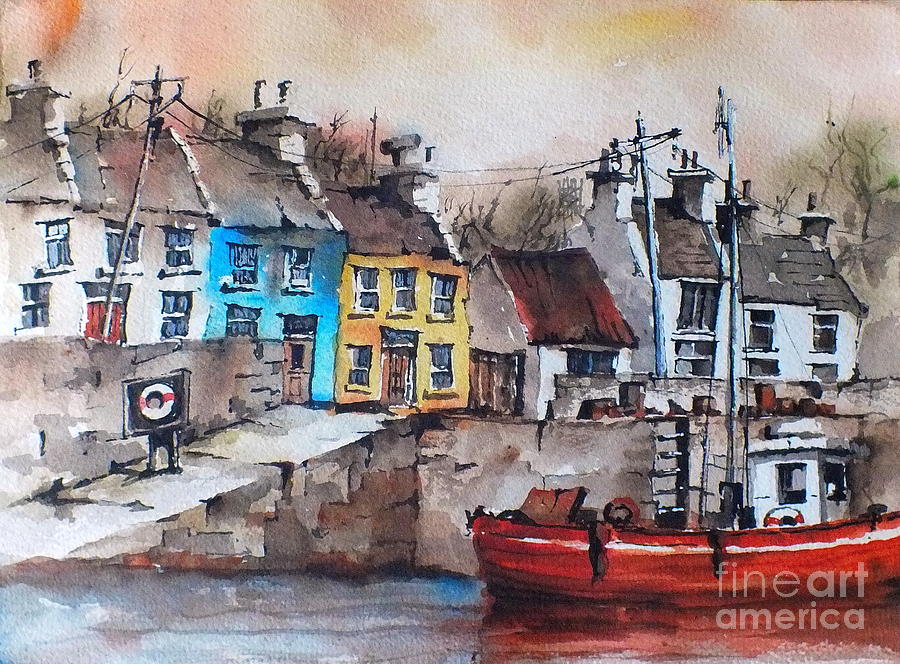 Cottage Painting - Roundstone Harbour  Galway #3 by Val Byrne