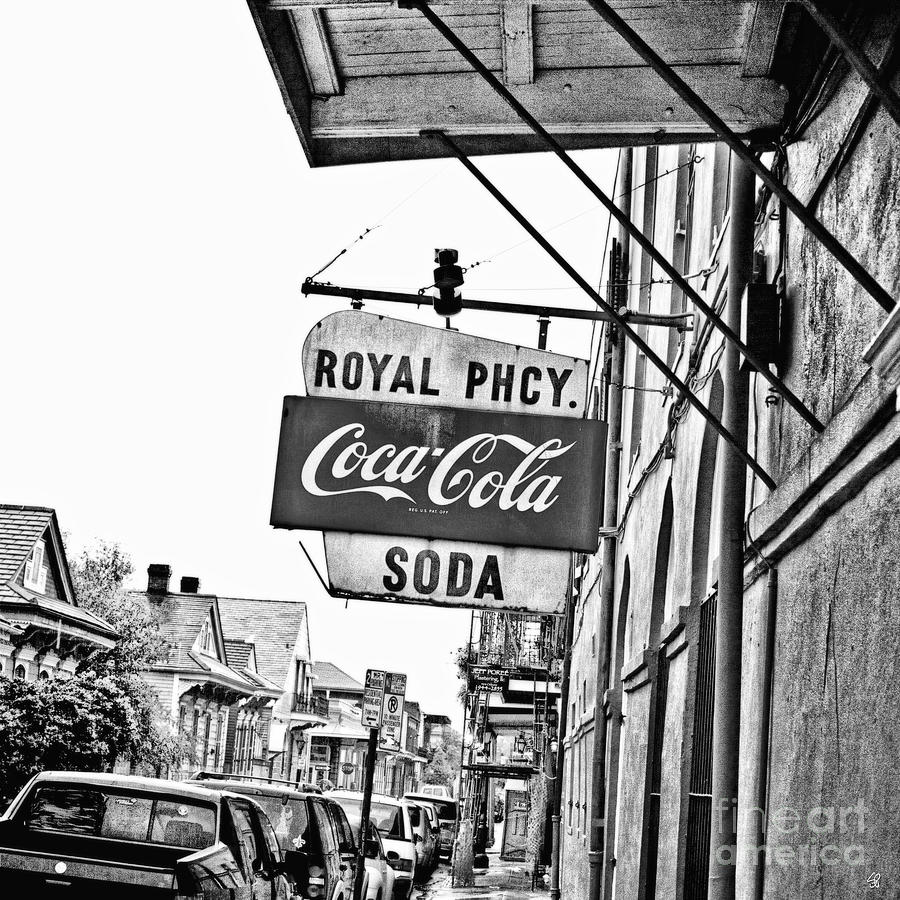 New Orleans Photograph - Royal Pharmacy Soda Sign - surreal BW by Scott Pellegrin