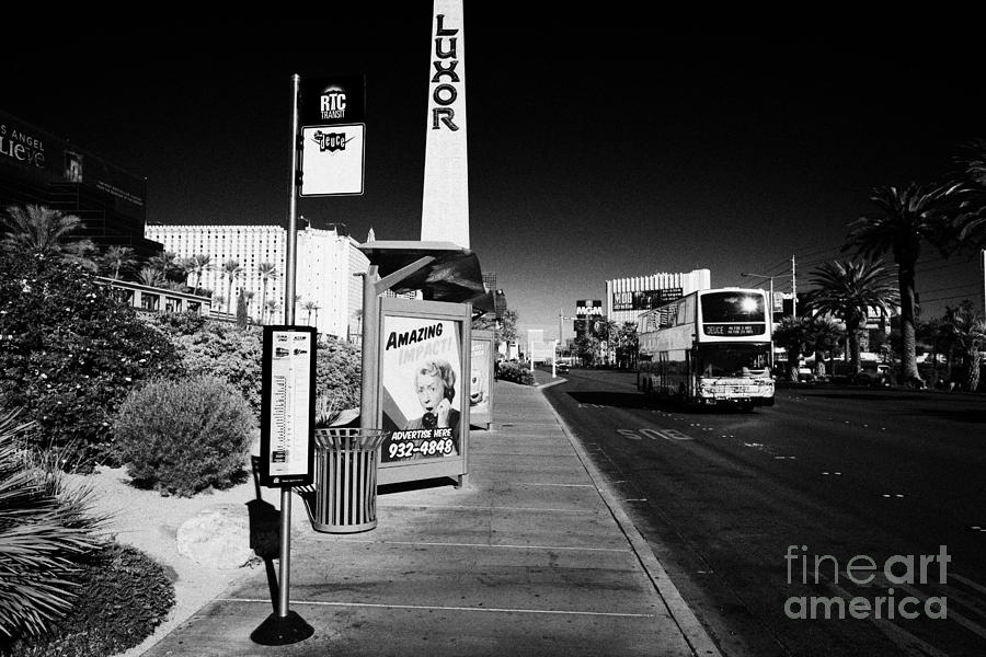 Transportation Photograph - rtc deuce sdx bus stop outside the luxor hotel on Las Vegas boulevard Nevada USA #1 by Joe Fox