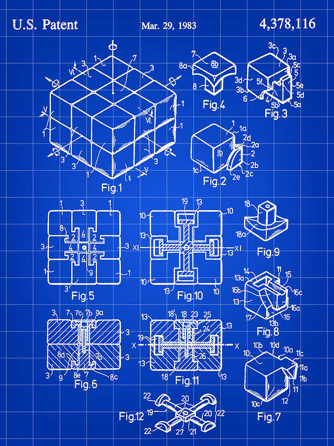 Rubik's Cube Digital Art - Rubiks Cube Patent 1983 - Blue by Stephen Younts