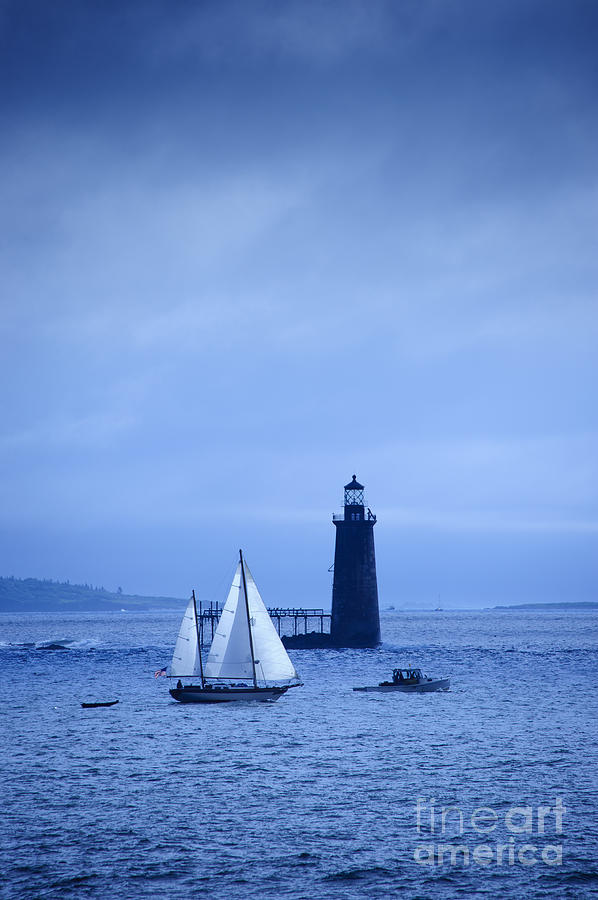 Sailboat passing by Ram Island Ledge Lighthouse. #1 Photograph by Don Landwehrle