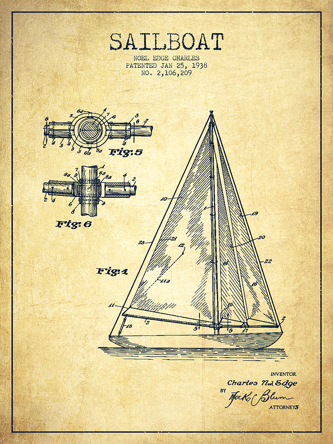 Sailboat Patent Drawing From 1938 - Vintage Digital Art