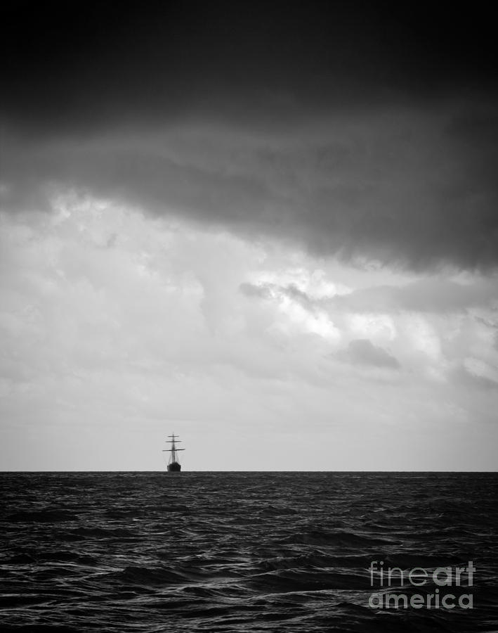 Nature Photograph - Sailing Ship in Storm Black and White #1 by THP Creative