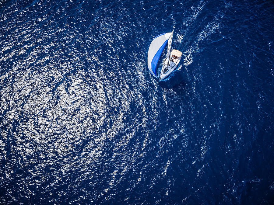 Sailing with sailboat, view from drone #1 Photograph by Mbbirdy
