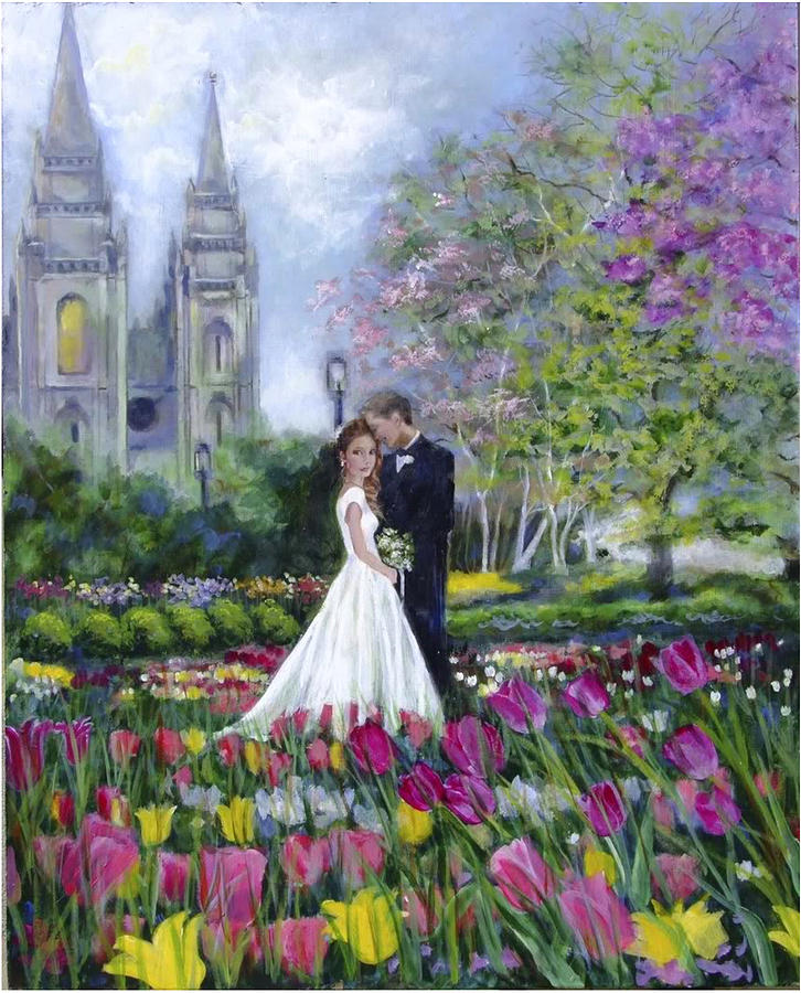 Landscape Painting - Salt Lake Temple-Married in Spring #1 by Marcia Johnson