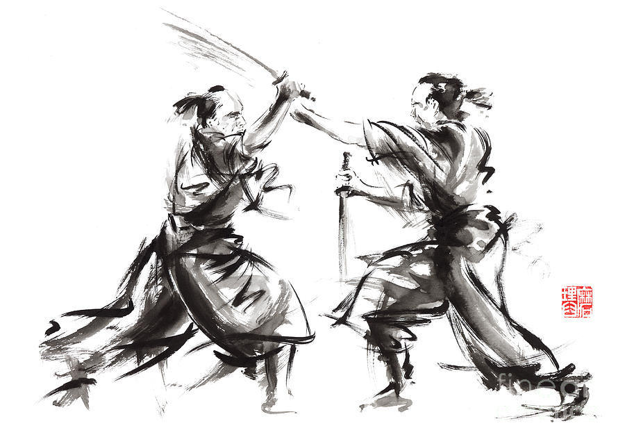 Black And White Painting - Samurai Fight Painting, Samurai Wall Decor, Ronin Poster, Samurai Home Decor by Mariusz Szmerdt