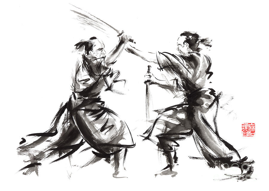 Samurai Fight Painting, Samurai Wall Decor, Ronin Poster, Samurai Home Decor Painting by Mariusz Szmerdt