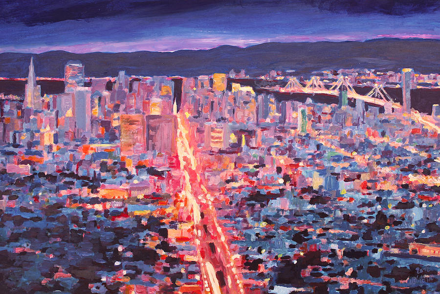 San Francisco Painting - San Francisco - Market Street Night from Twin Peaks by M Bleichner