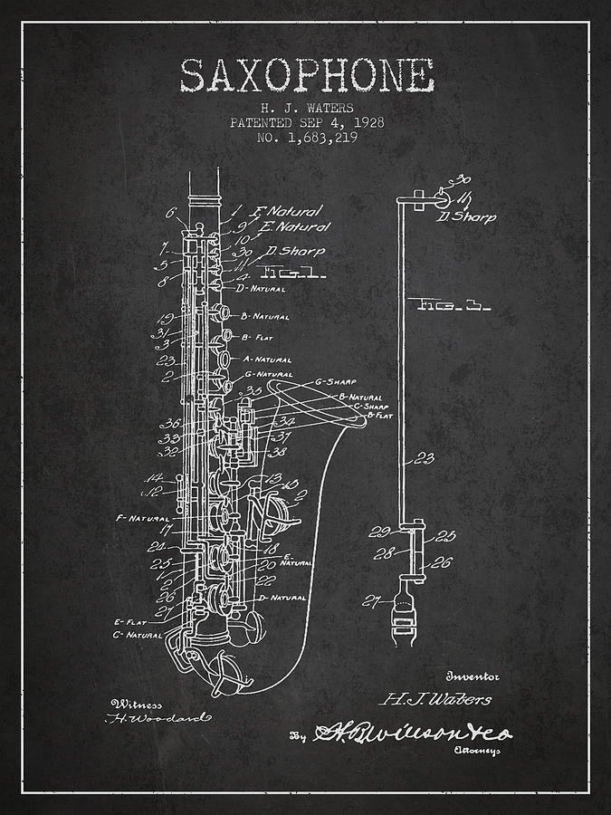 Musician Digital Art - Saxophone Patent Drawing From 1928 #2 by Aged Pixel